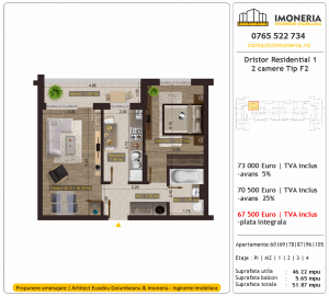Apartamente de vanzare Dristor Residential 1 -2 camere tip F2